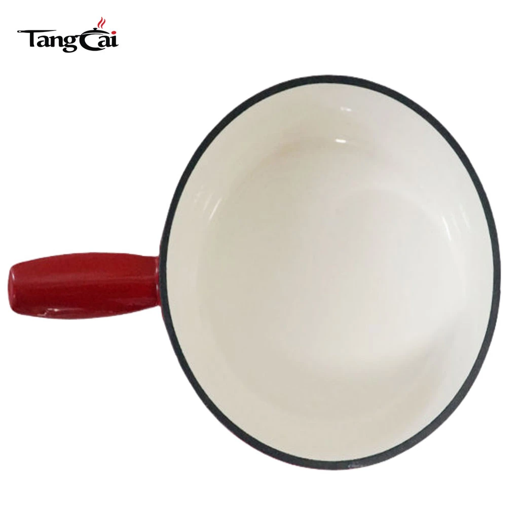 Olla para fondue de hierro fundido esmaltada en rojo personalizada con estampado de patr&oacute;n esc&eacute;nico