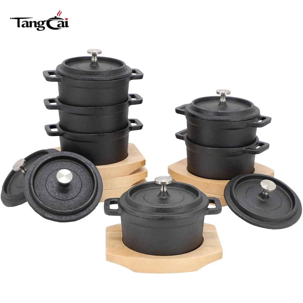 Mini juego de cocotte de hierro fundido presazonado con tapas y salvamanteles de madera, peque&ntilde;os hornos holandeses para hornear, servir y comidas individuales