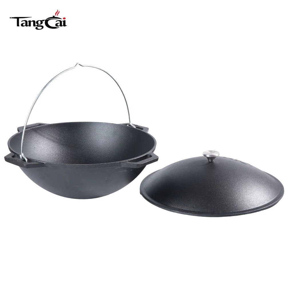 Popular caldero de hierro fundido pre-sazonado de 12 litros con tapa - Olla Kazan asi&aacute;tica grande de hierro fundido