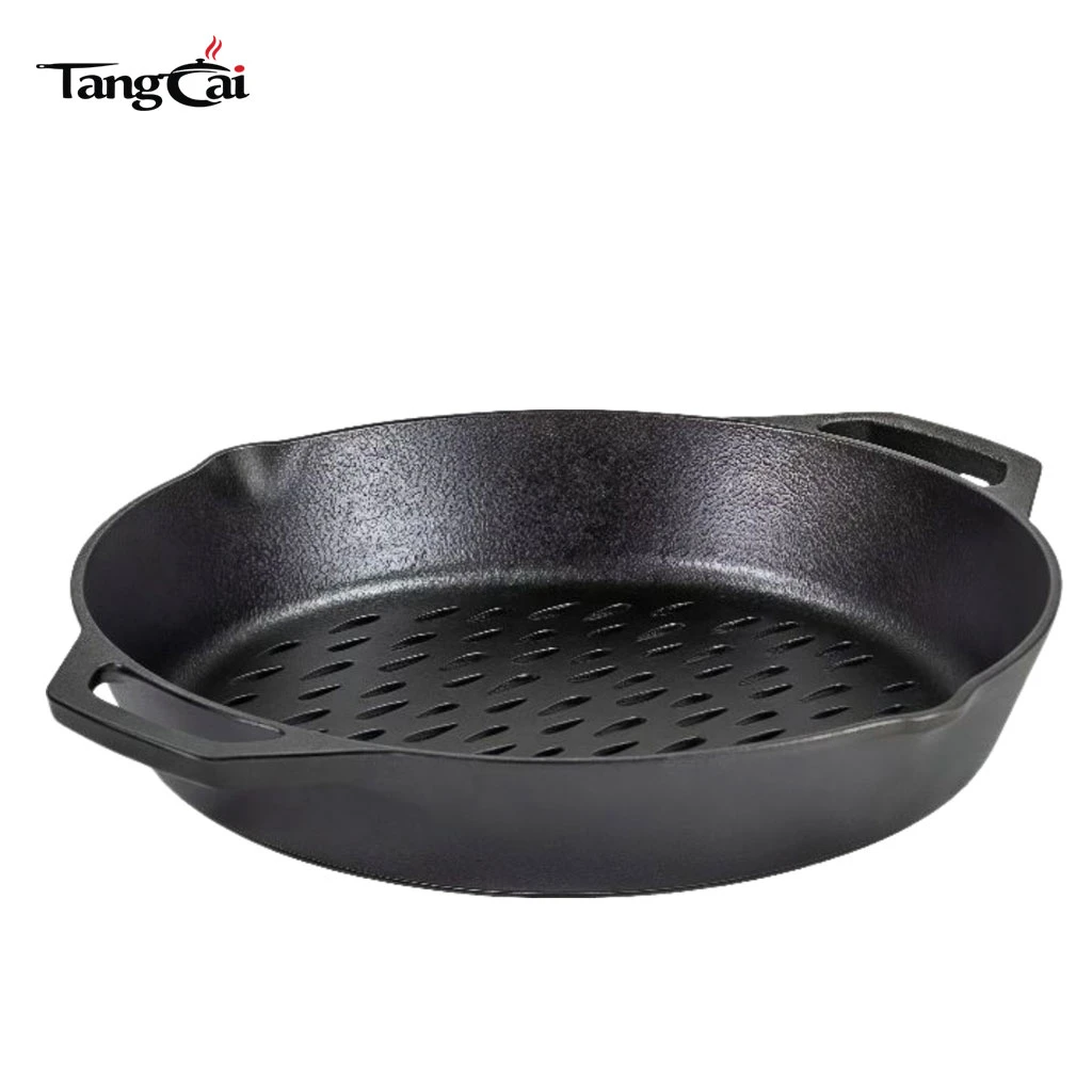 OEM y ODM de 12 pulgadas Sart&eacute;n para carne redonda presazonada con superficie de parrilla perforada antiadherente