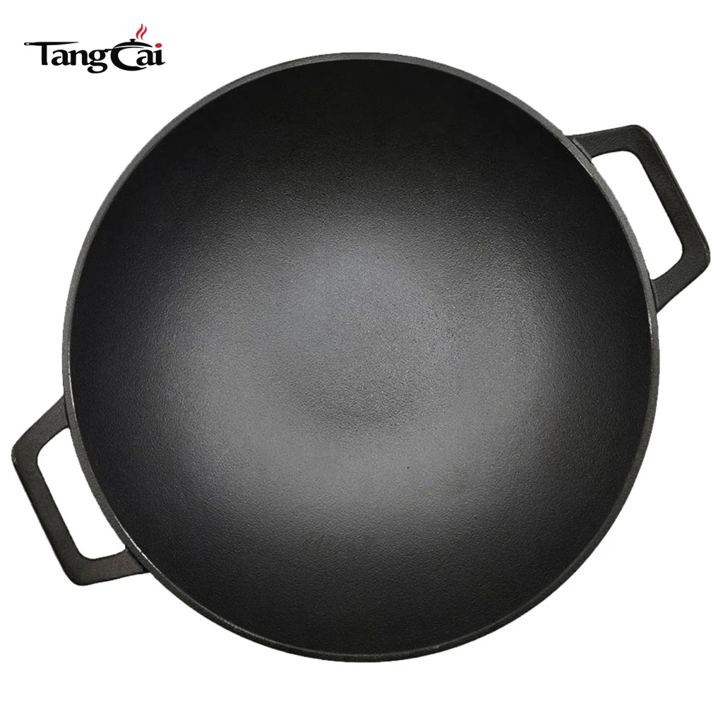 Wok grande de hierro fundido pre-sazonado de 14 pulgadas. Sart&eacute;n con asas dobles