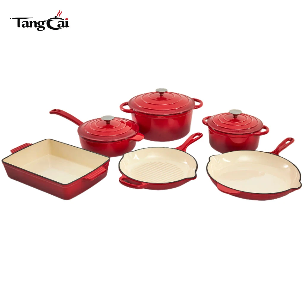 Juego de utensilios de cocina de hierro fundido esmaltado de lujo personalizado de 6 piezas: ollas y sartenes de color rojo brillante