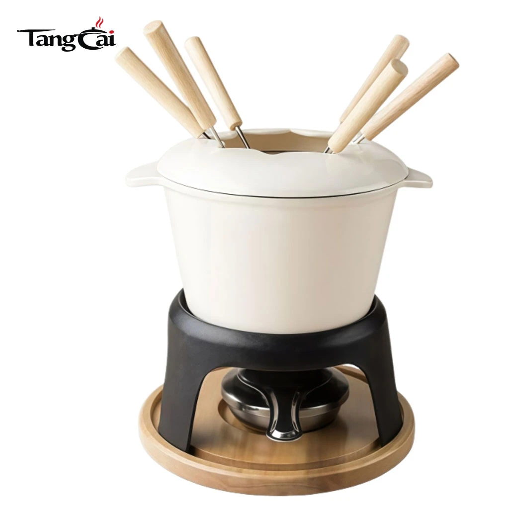 Juego de fondue de hierro fundido esmaltado con soporte y tenedores de metal, crisol de chocolate de 1,6 cuartos de gal&oacute;n