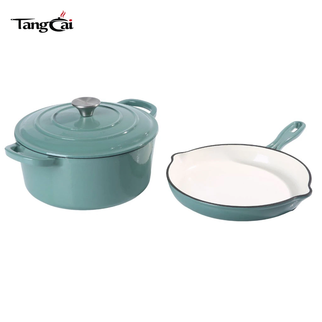 Juego de utensilios de cocina de hierro fundido esmaltado de 2 piezas al por mayor, f&aacute;brica de sartenes de hierro fundido y horno holand&eacute;s Juego de utensilios de cocina de hierro
