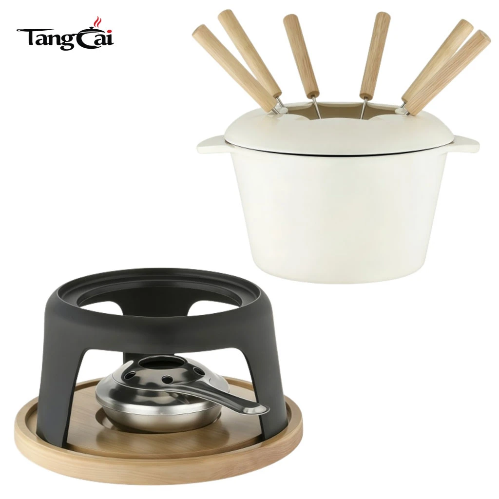 Juego de fondue de hierro fundido esmaltado con soporte y tenedores de metal, crisol de chocolate de 1,6 cuartos de gal&oacute;n