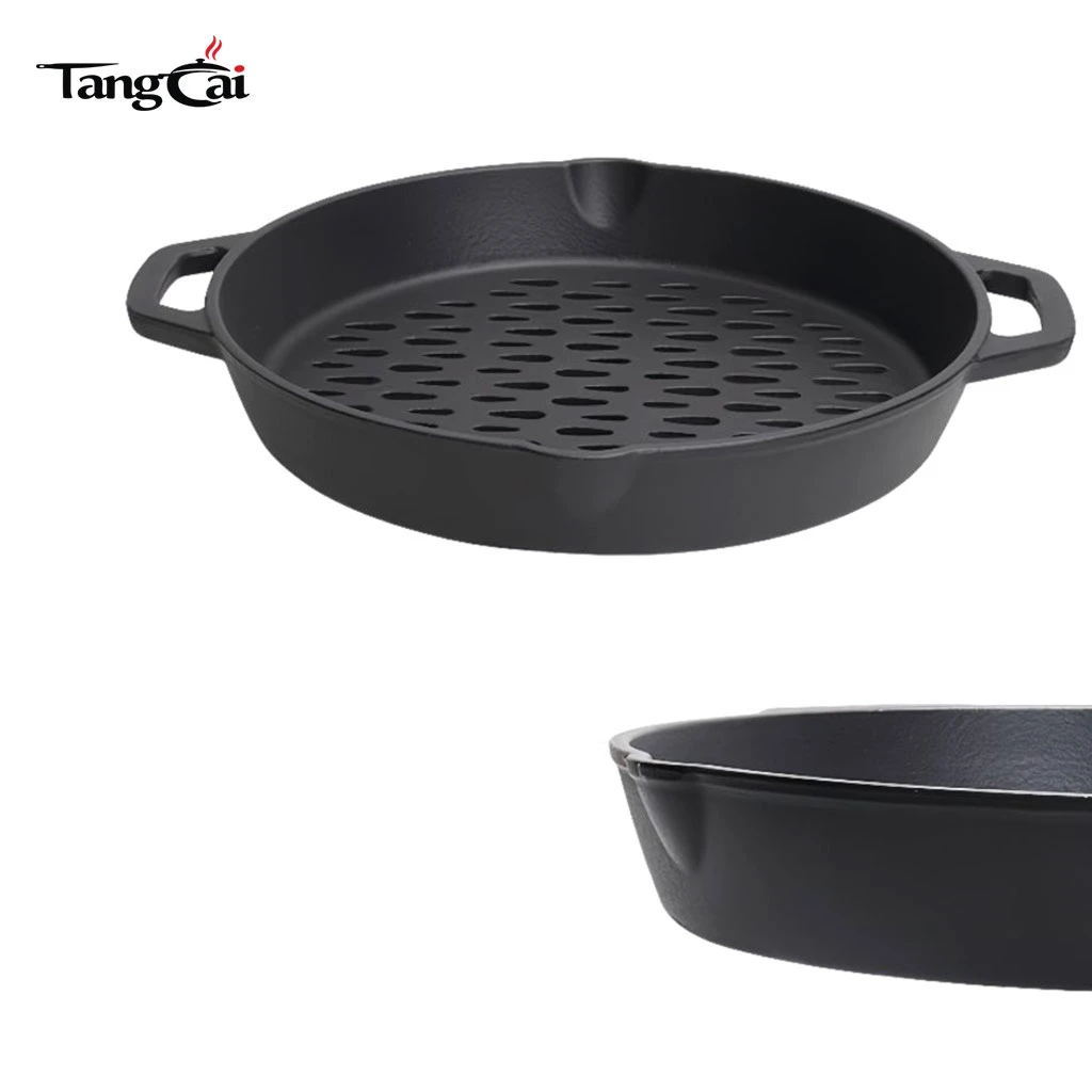 OEM y ODM de 12 pulgadas Sart&eacute;n para carne redonda presazonada con superficie de parrilla perforada antiadherente