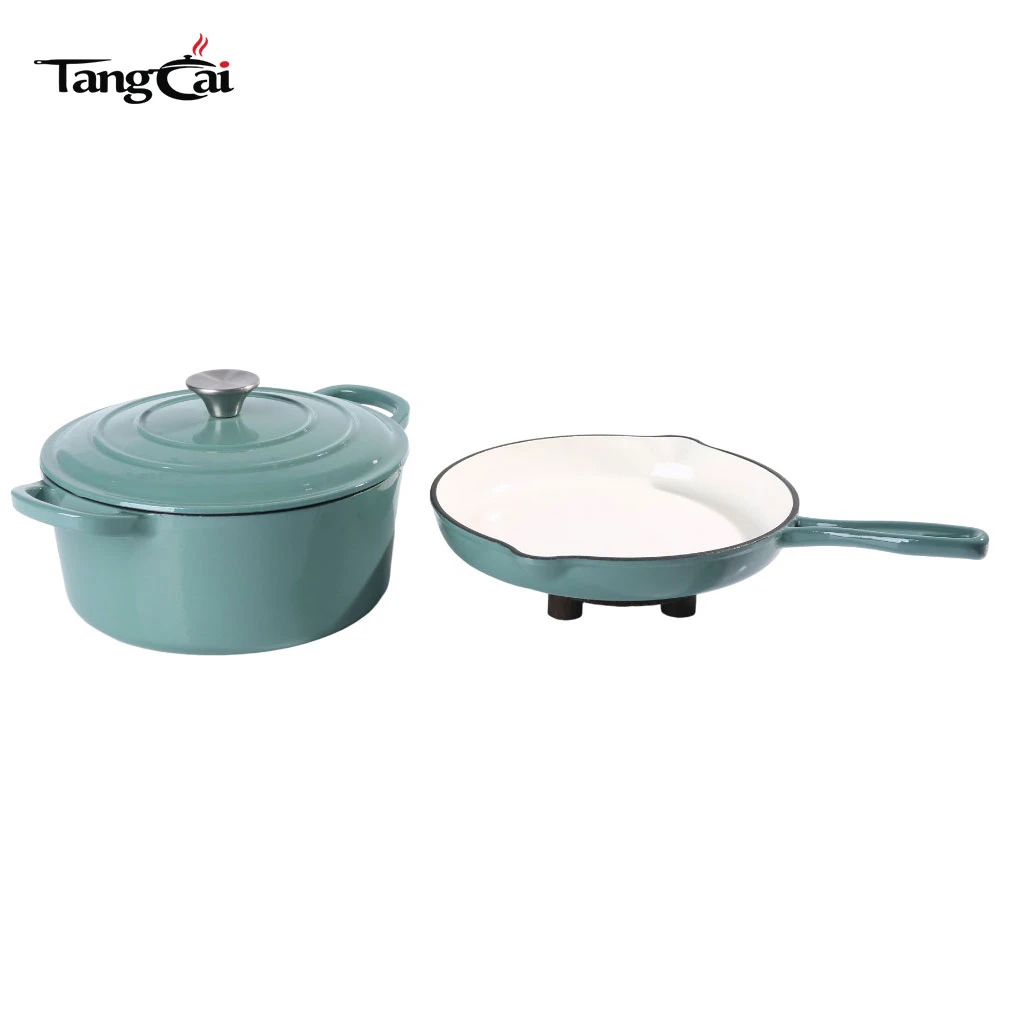 Juego de utensilios de cocina de hierro fundido esmaltado de 2 piezas al por mayor, f&aacute;brica de sartenes de hierro fundido y horno holand&eacute;s Juego de utensilios de cocina de hierro