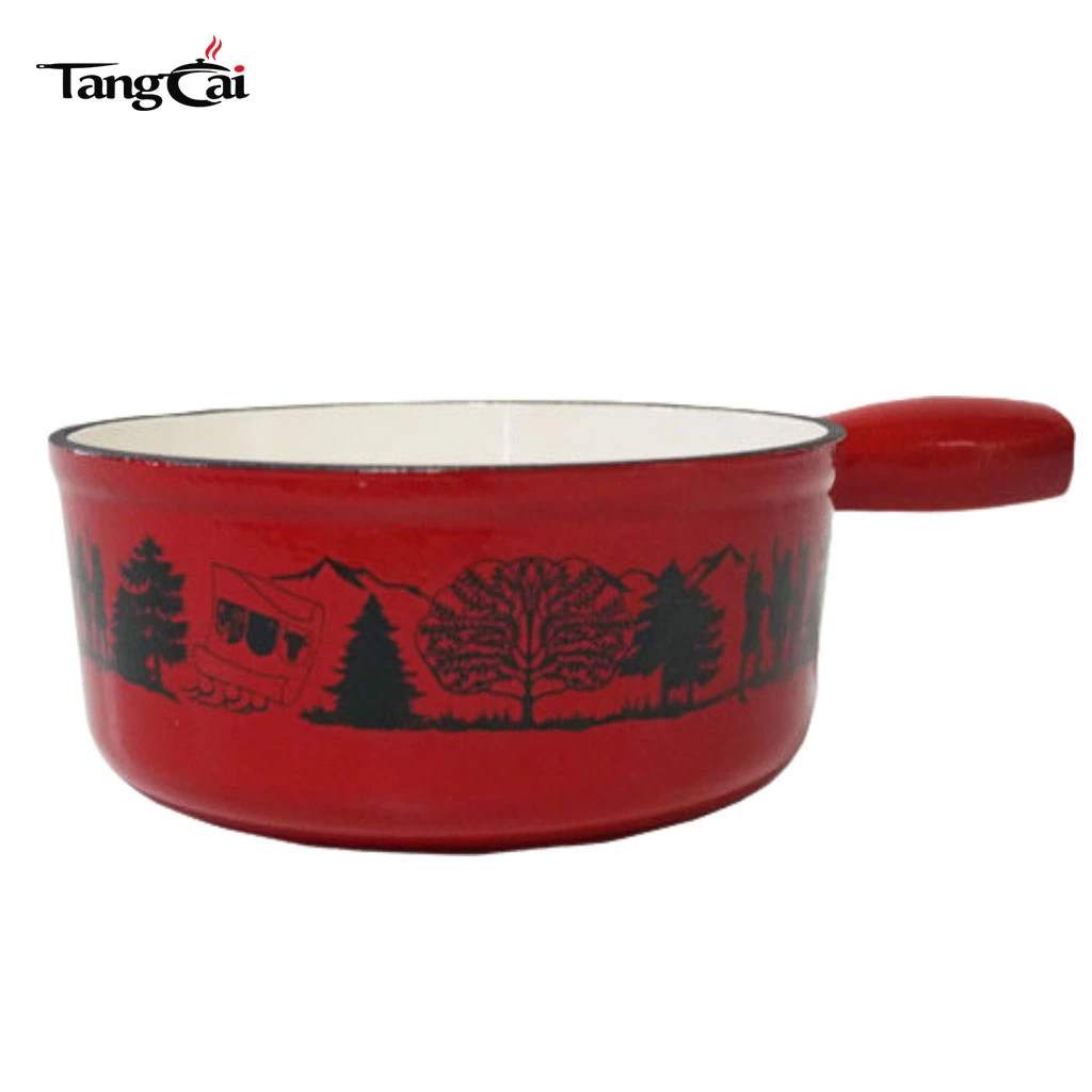 Olla para fondue de hierro fundido esmaltada en rojo personalizada con estampado de patr&oacute;n esc&eacute;nico