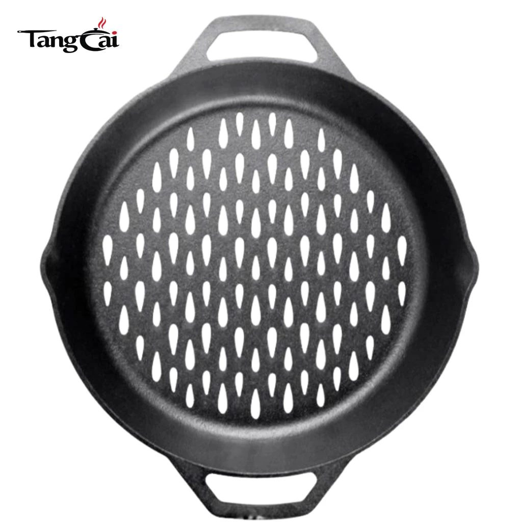 OEM y ODM de 12 pulgadas Sart&eacute;n para carne redonda presazonada con superficie de parrilla perforada antiadherente