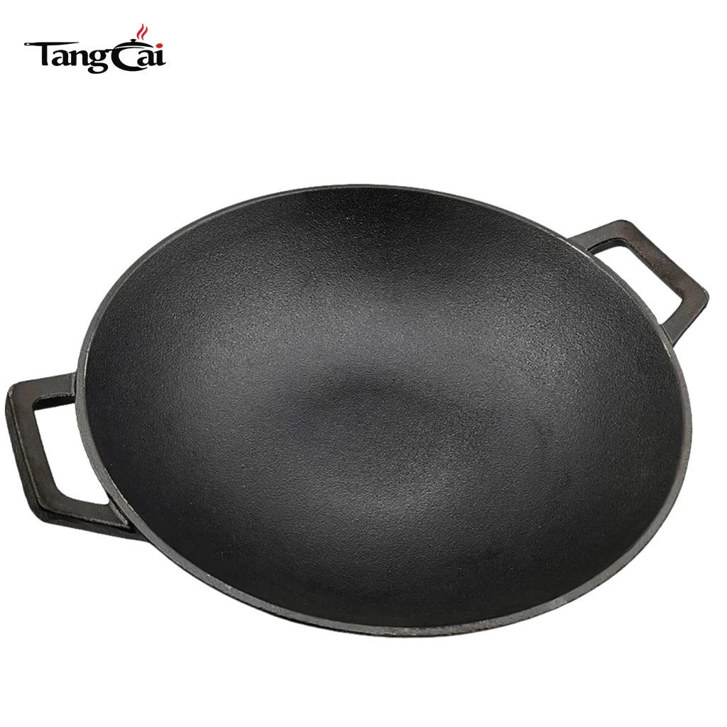 Wok grande de hierro fundido pre-sazonado de 14 pulgadas. Sart&eacute;n con asas dobles