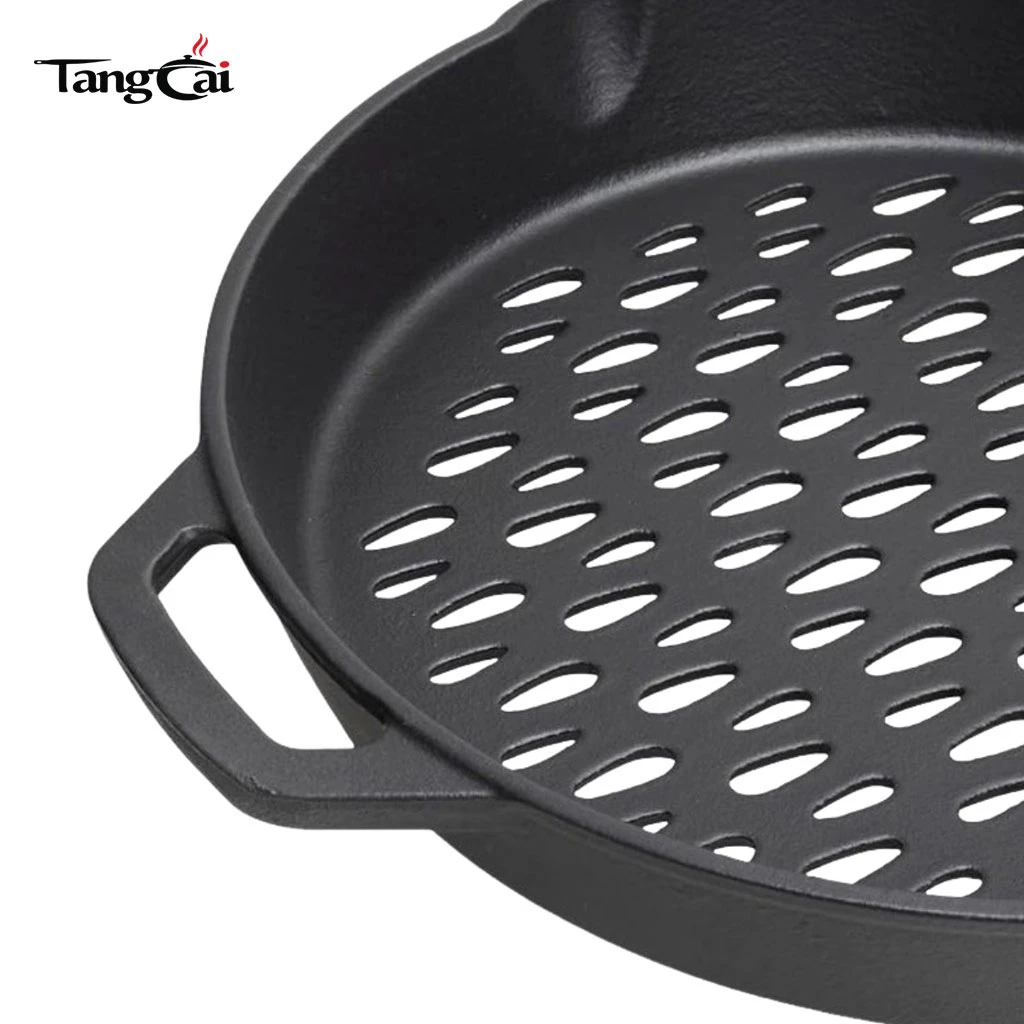 OEM y ODM de 12 pulgadas Sart&eacute;n para carne redonda presazonada con superficie de parrilla perforada antiadherente