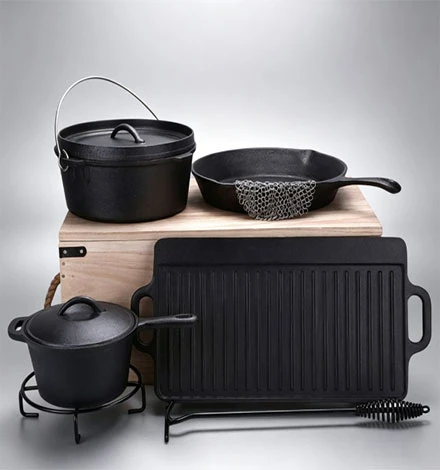 Juego de utensilios de cocina premium de hierro fundido para exteriores de 7 piezas