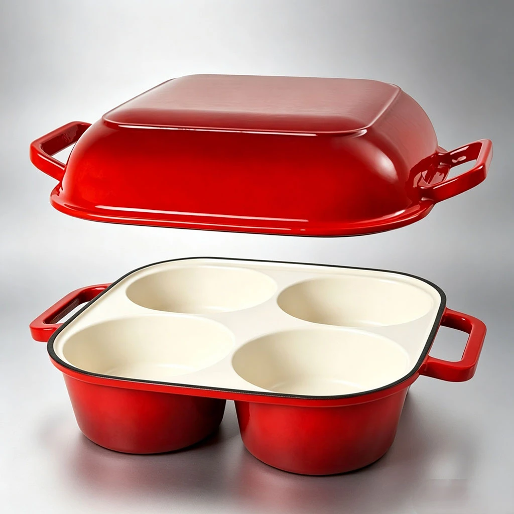 Molde para hornear pan de masa madre de hierro fundido esmaltado de 4 cavidades de moda con tapa