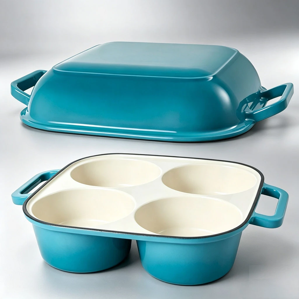 Molde para hornear pan de masa madre de hierro fundido esmaltado de 4 cavidades de moda con tapa