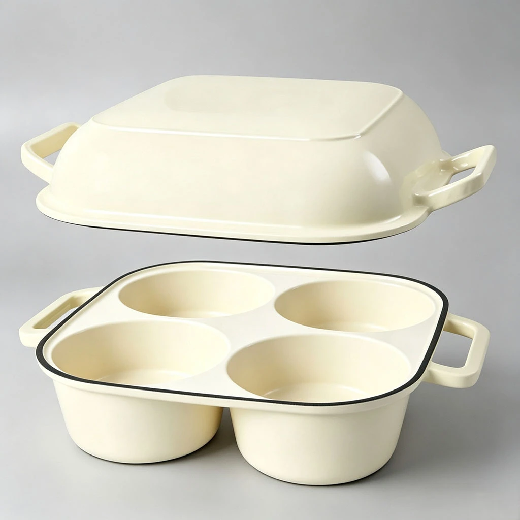 Molde para hornear pan de masa madre de hierro fundido esmaltado de 4 cavidades de moda con tapa