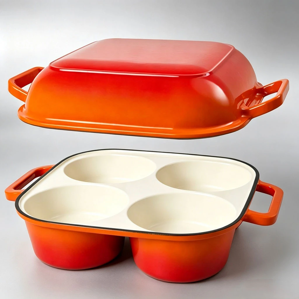 Molde para hornear pan de masa madre de hierro fundido esmaltado de 4 cavidades de moda con tapa