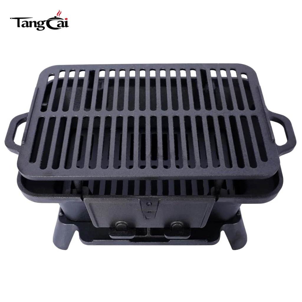 Parrilla Hibachi de hierro fundido al por mayor, mini barbacoa de carb&oacute;n port&aacute;til, estufa de parrilla de sart&eacute;n de mesa para exteriores, picnics y caza