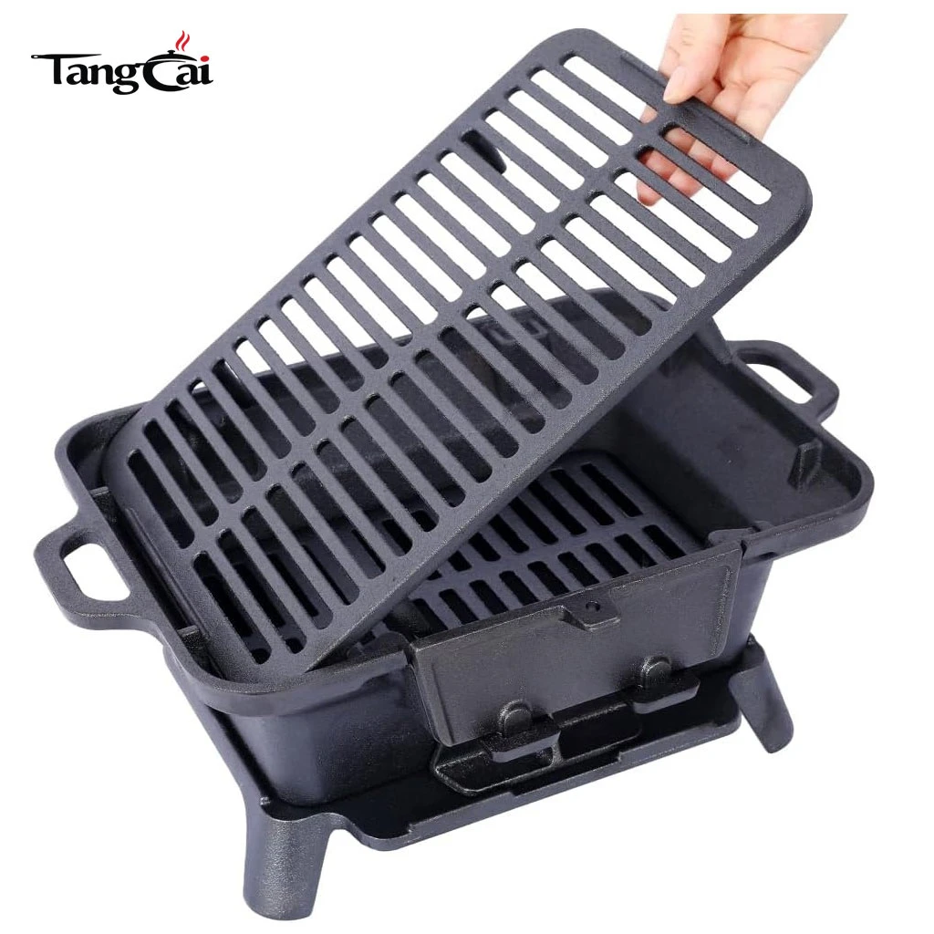 Parrilla Hibachi de hierro fundido al por mayor, mini barbacoa de carb&oacute;n port&aacute;til, estufa de parrilla de sart&eacute;n de mesa para exteriores, picnics y caza