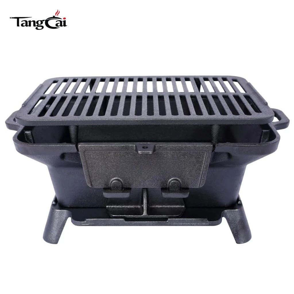 Parrilla Hibachi de hierro fundido al por mayor, mini barbacoa de carb&oacute;n port&aacute;til, estufa de parrilla de sart&eacute;n de mesa para exteriores, picnics y caza